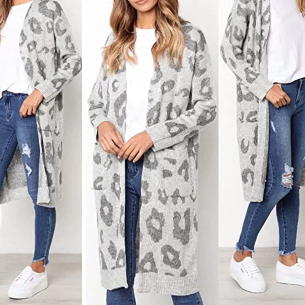 NWOT | Leopard Print Grey Long Sweater